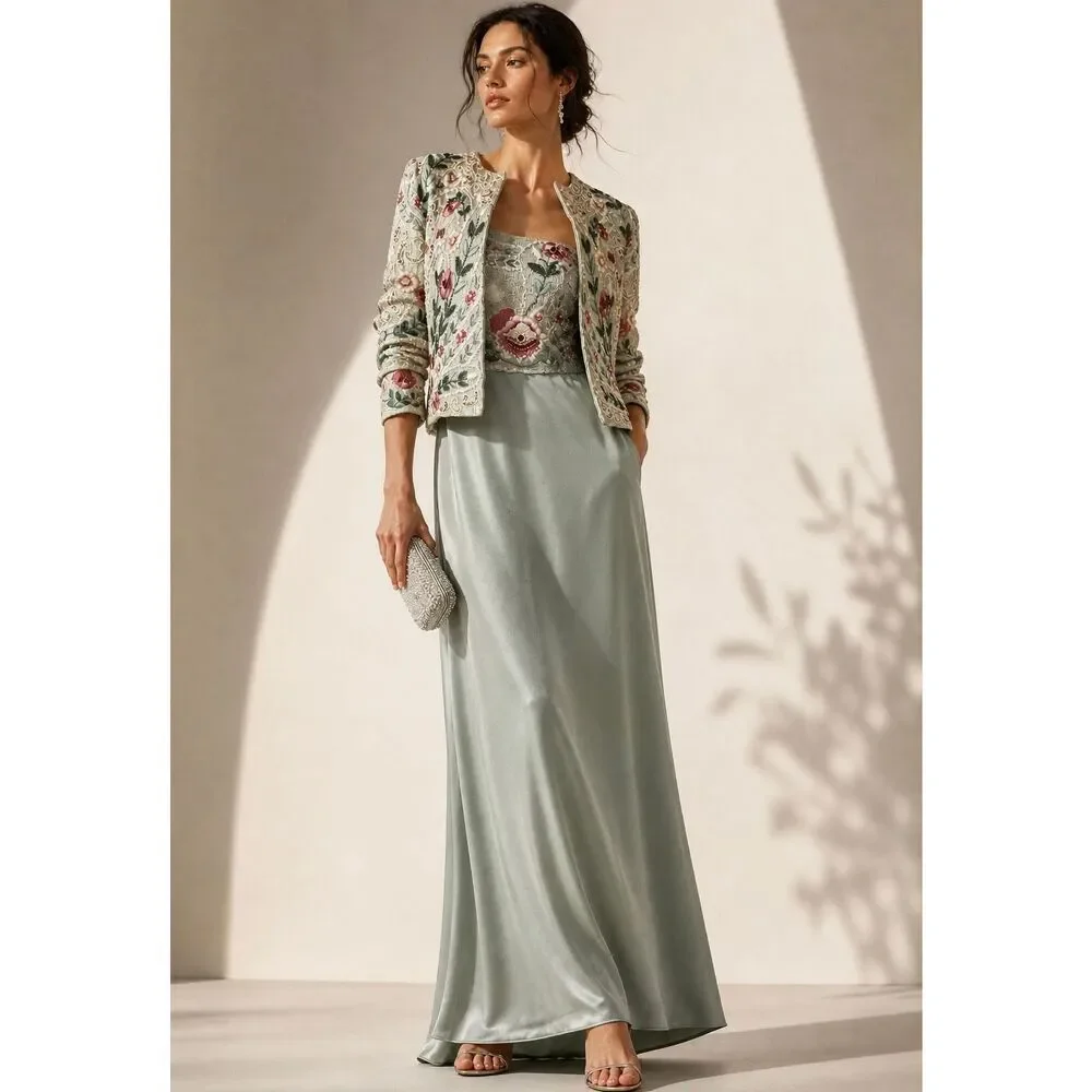 Vintage Richilene Beaded Jacket Silk Slip Dress Set Embroidered Formal XS/ S